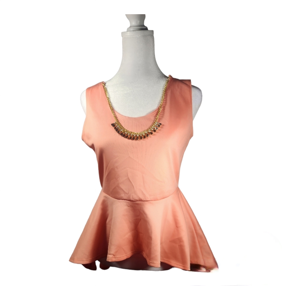Peach Sleeveless Flared Dressy Blouse -Comes With Attached Necklace
